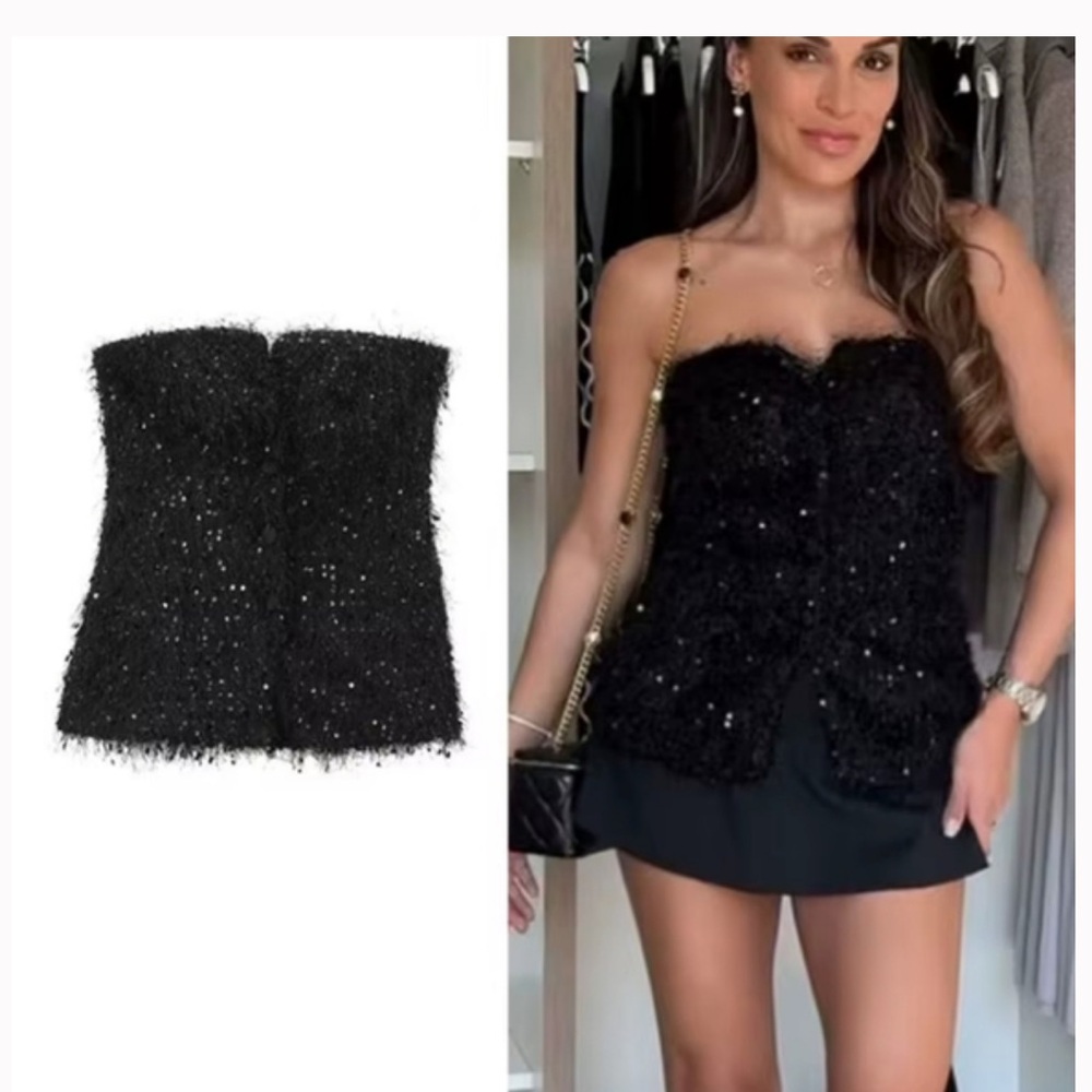 Zara Black Sequin Strapless Corset Top - NWT